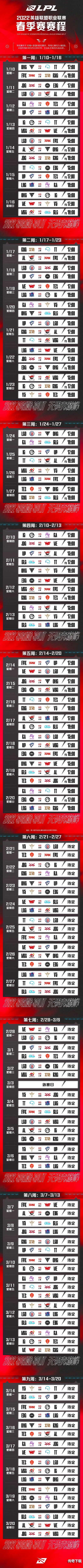 英雄联盟LPL春季赛2022赛程一览 英雄联盟LPL春季赛2022赛程介绍